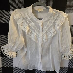 Rebellion White Cotton Lace-Trim Puff Sleeve Blouse